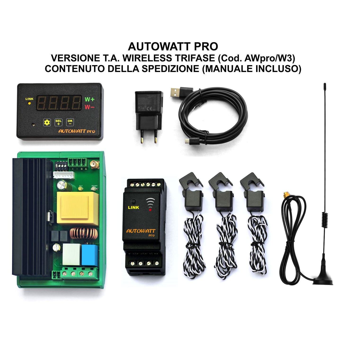 C1- AUTOWATT PRO W3 centralina dimmerata 2kW espandibile per autoconsumo fotovoltaico grid-tie con sensore TA wireless trifase (AWpro/W3)